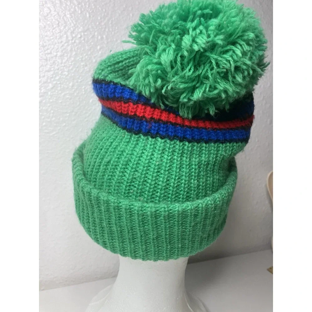 Vintage Ribbed Knit Beanie Kelly Green Winter Ski Hat Big Pom Pom Retro - Picture 6 of 8